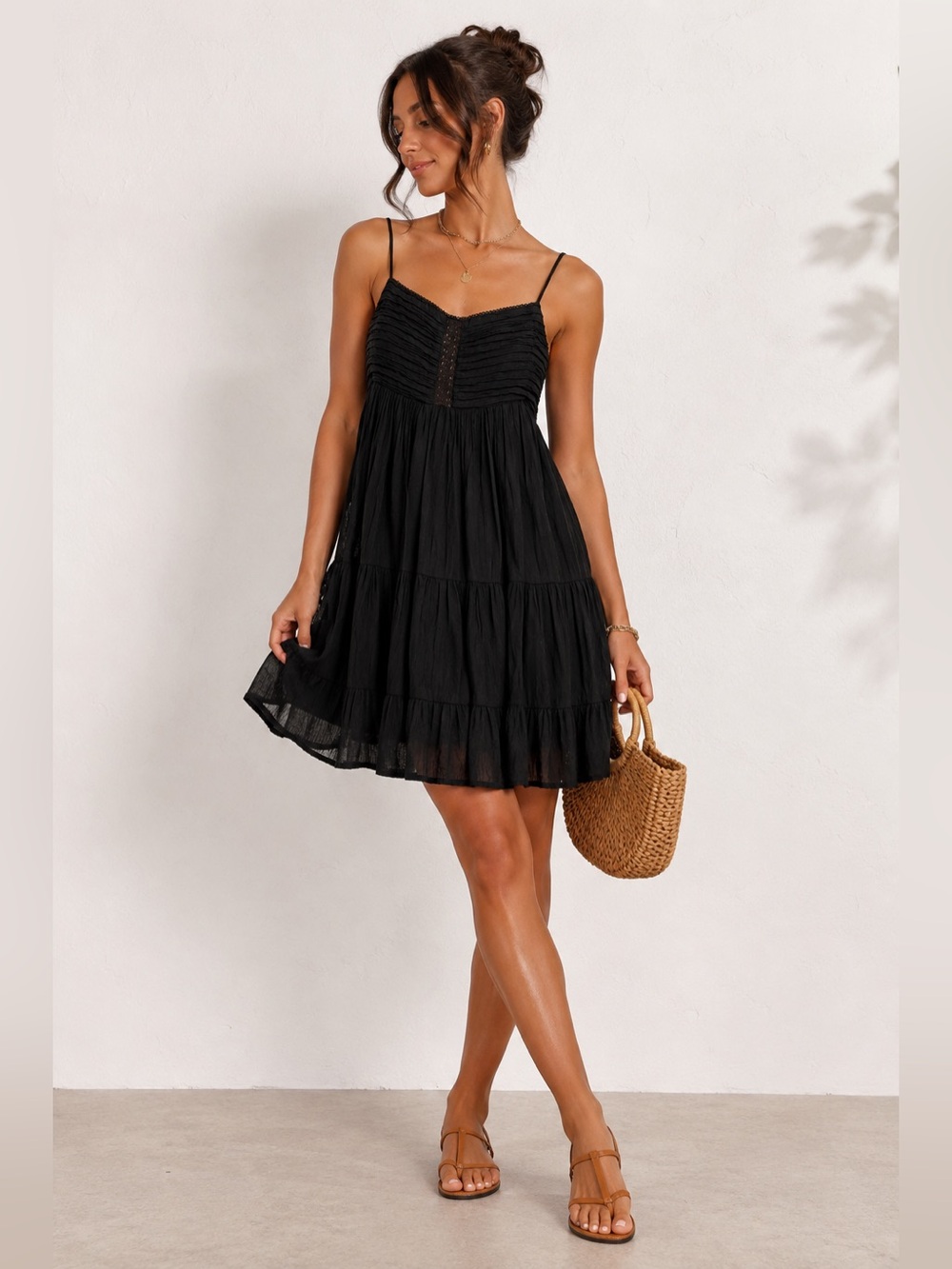 Zara NWT Black Cotton Tiered Mini Dress Size L Boho Adjustable Straps